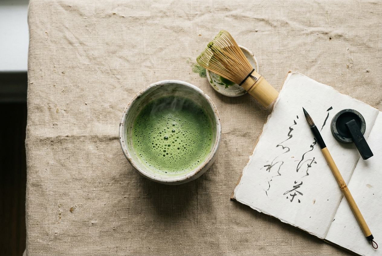 Bol de matcha et carnet de haïku japonais, ambiance wabi-sabi