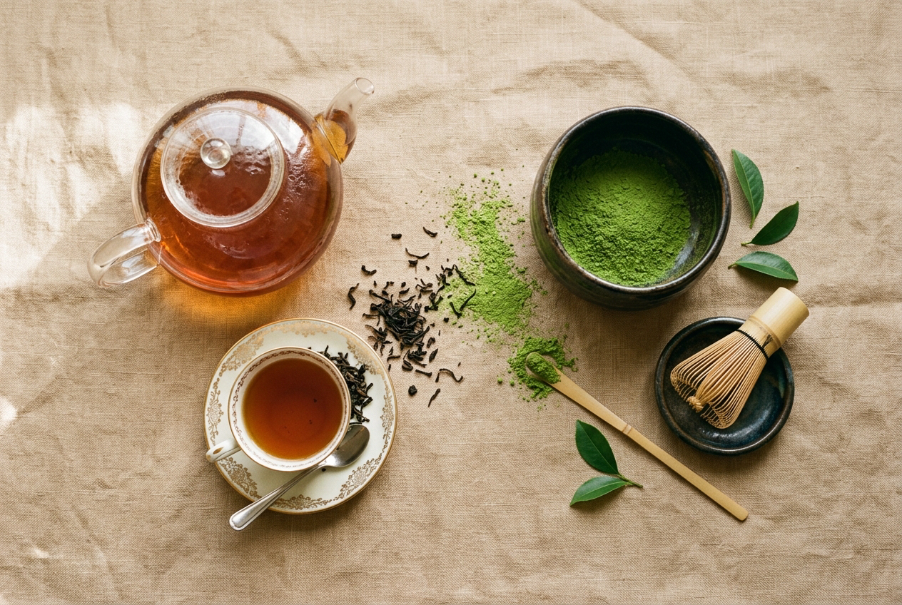 Théière de thé Darjeeling ambré et bol de matcha vert en flat lay éditorial