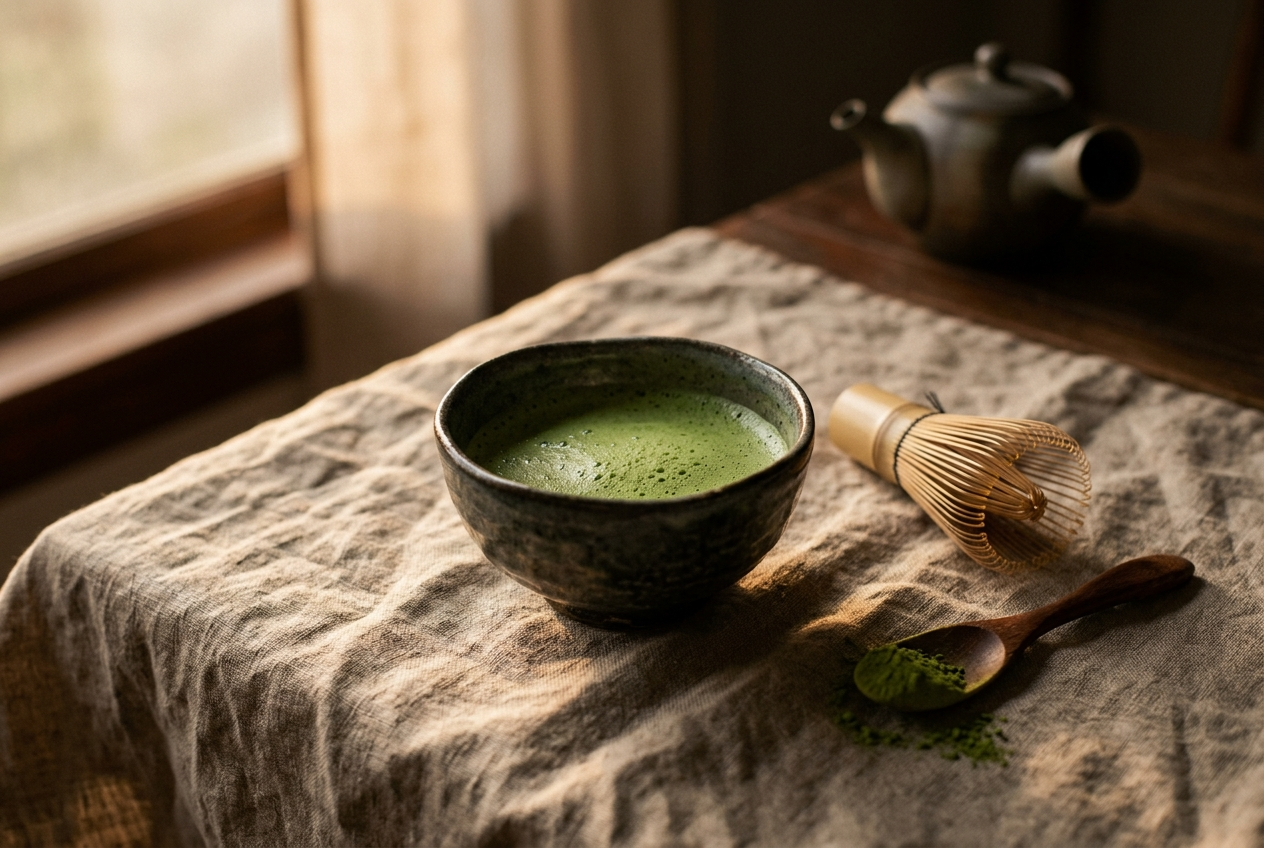 Bol de matcha fraichement fouette dans une ambiance douce de fin de journee, fouet en bambou et cuillere en bois