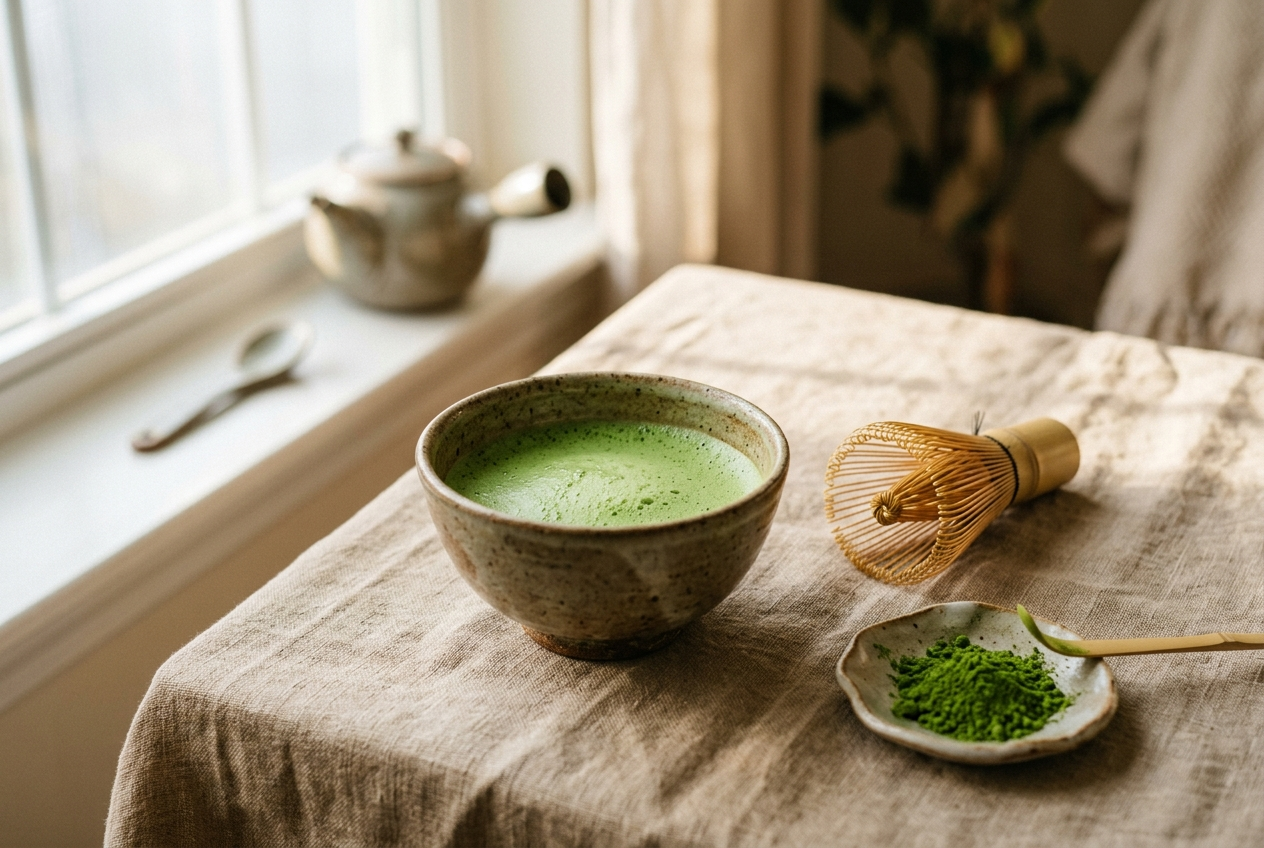 Bol de matcha fraîchement fouetté au petit matin sur du lin beige, avec fouet en bambou