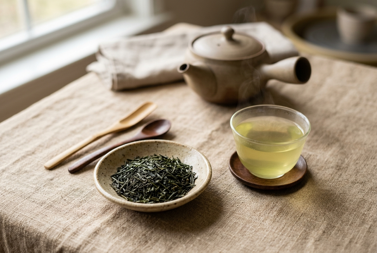 Feuilles de sencha roulées et infusion de thé vert japonais sur lin beige