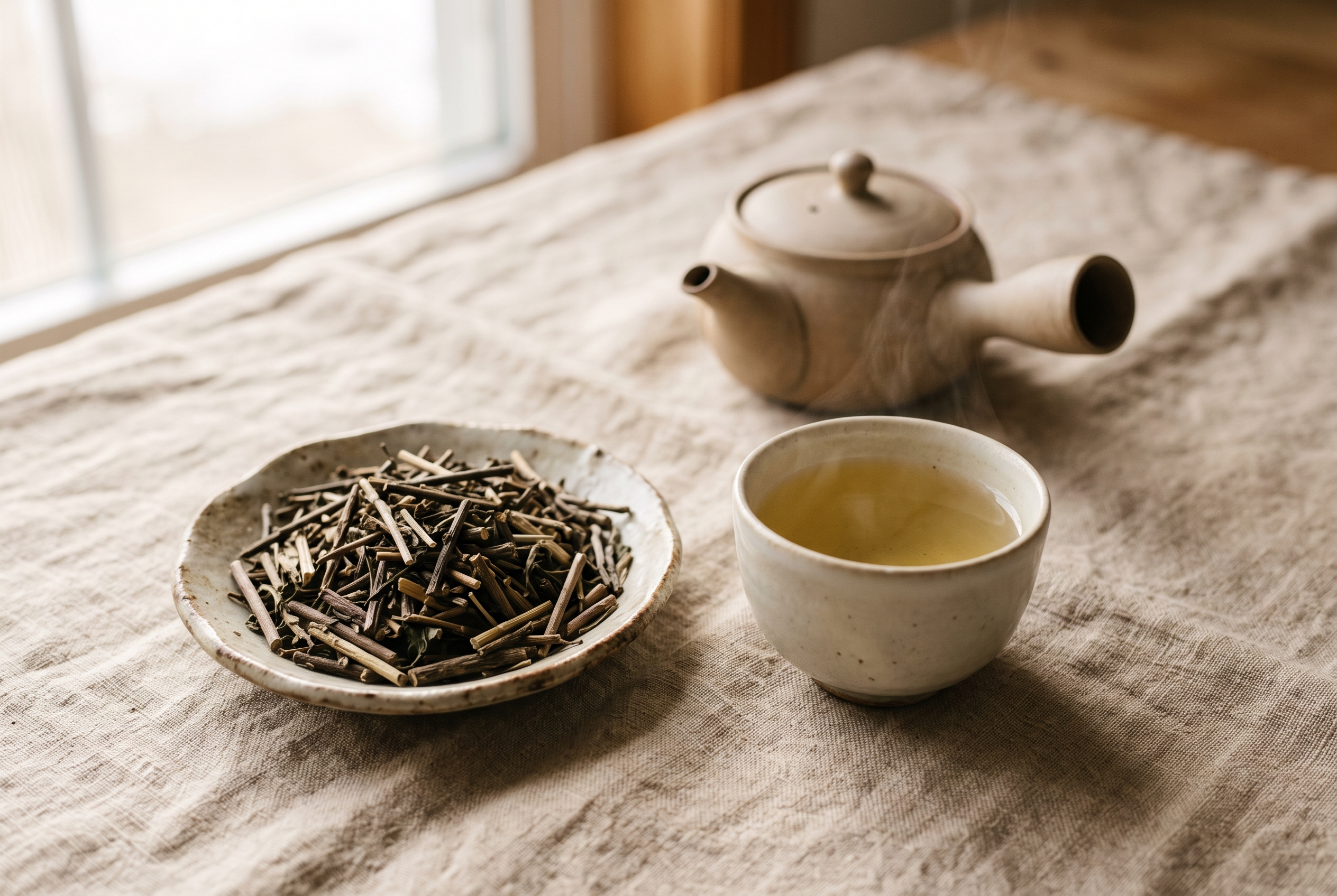 Brindilles et tiges de kukicha dans un bol en céramique et tasse de thé infusé sur du lin beige