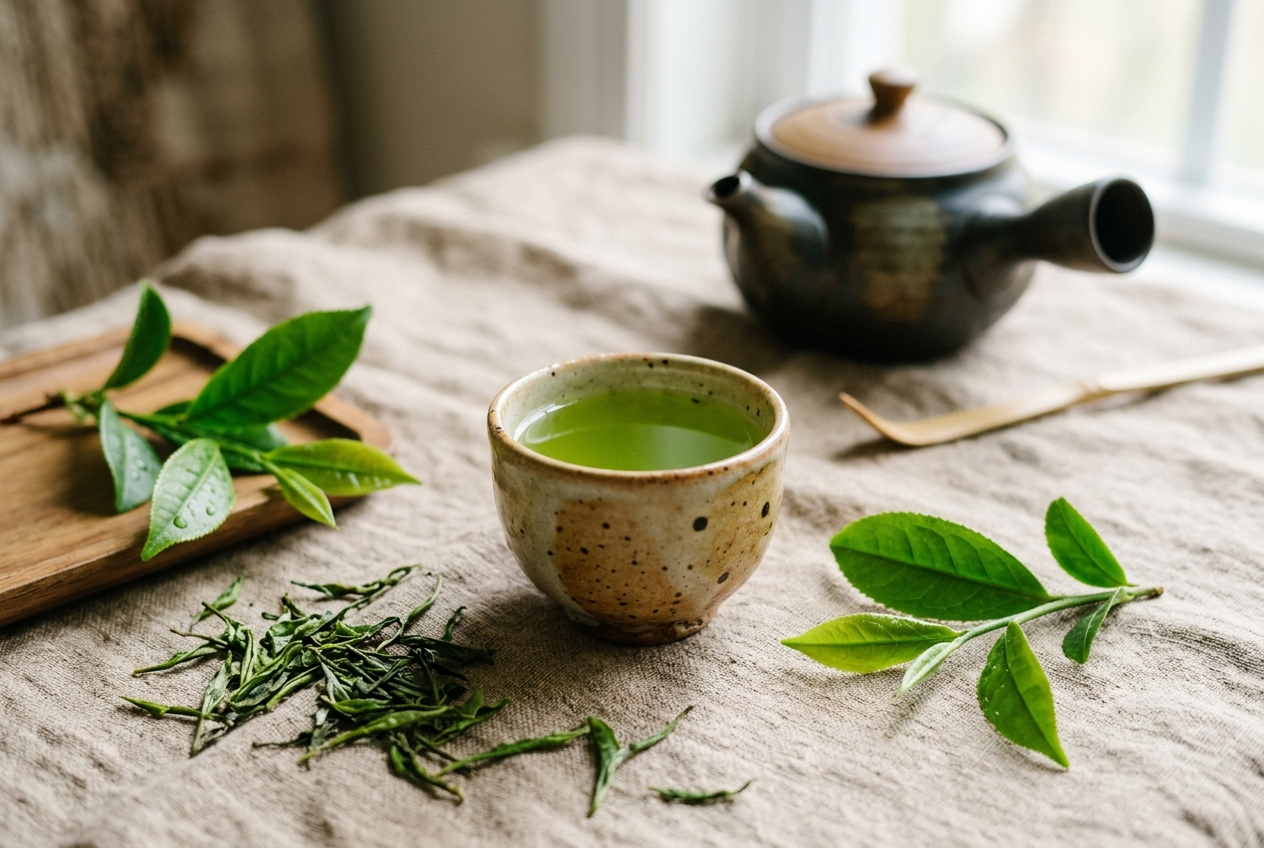Tasse de shincha, thé vert japonais de première récolte, sur fond de lin beige