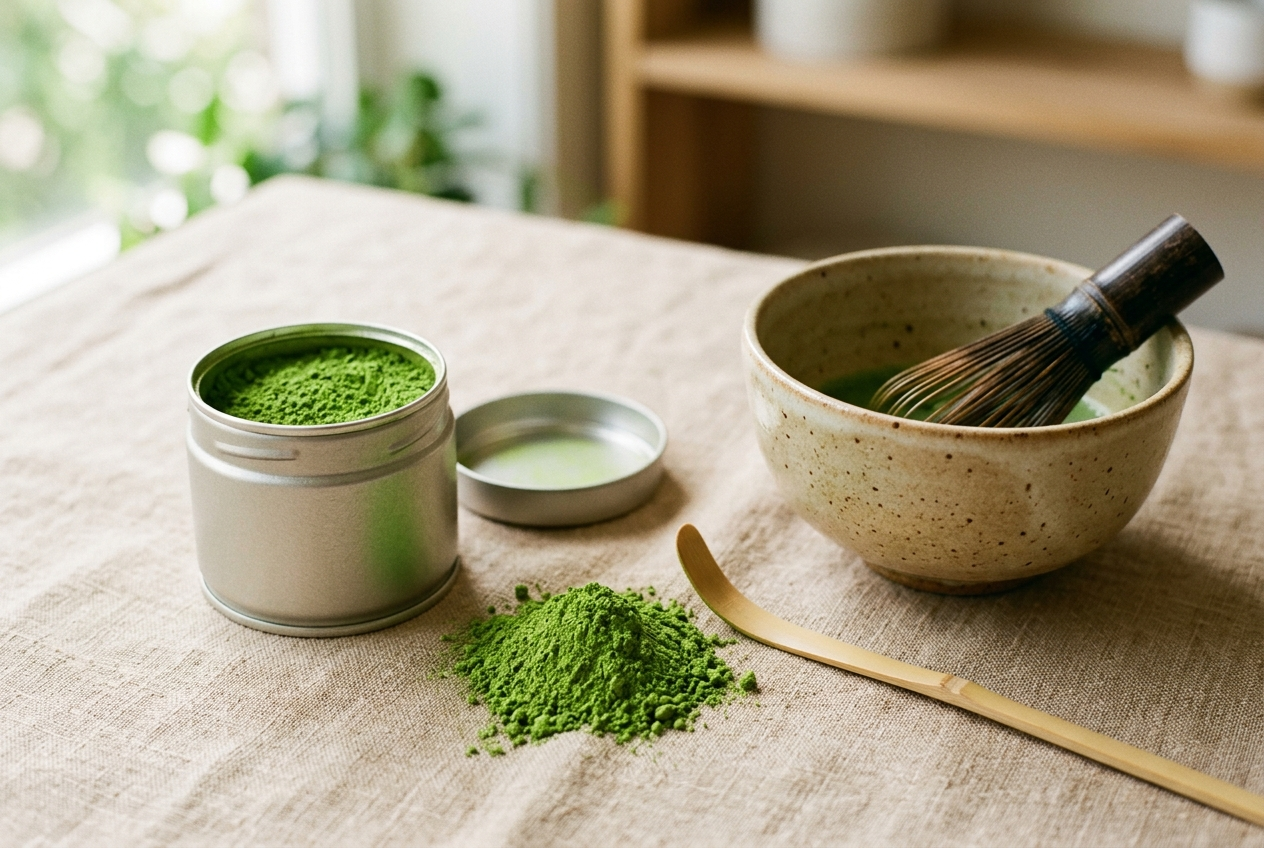 Matcha vert premium en poudre dans une boîte ouverte, illustration du prix et de la qualité du matcha