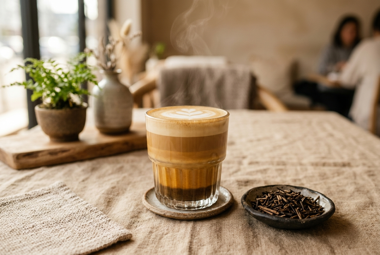 Hōjicha latte crémeux dans un verre, notes grillées et mousse de lait, feuilles de hojicha torréfié