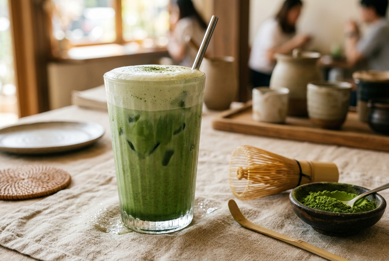 Iced matcha latte coiffé d'une cold foam onctueuse dans un verre avec glaçons
