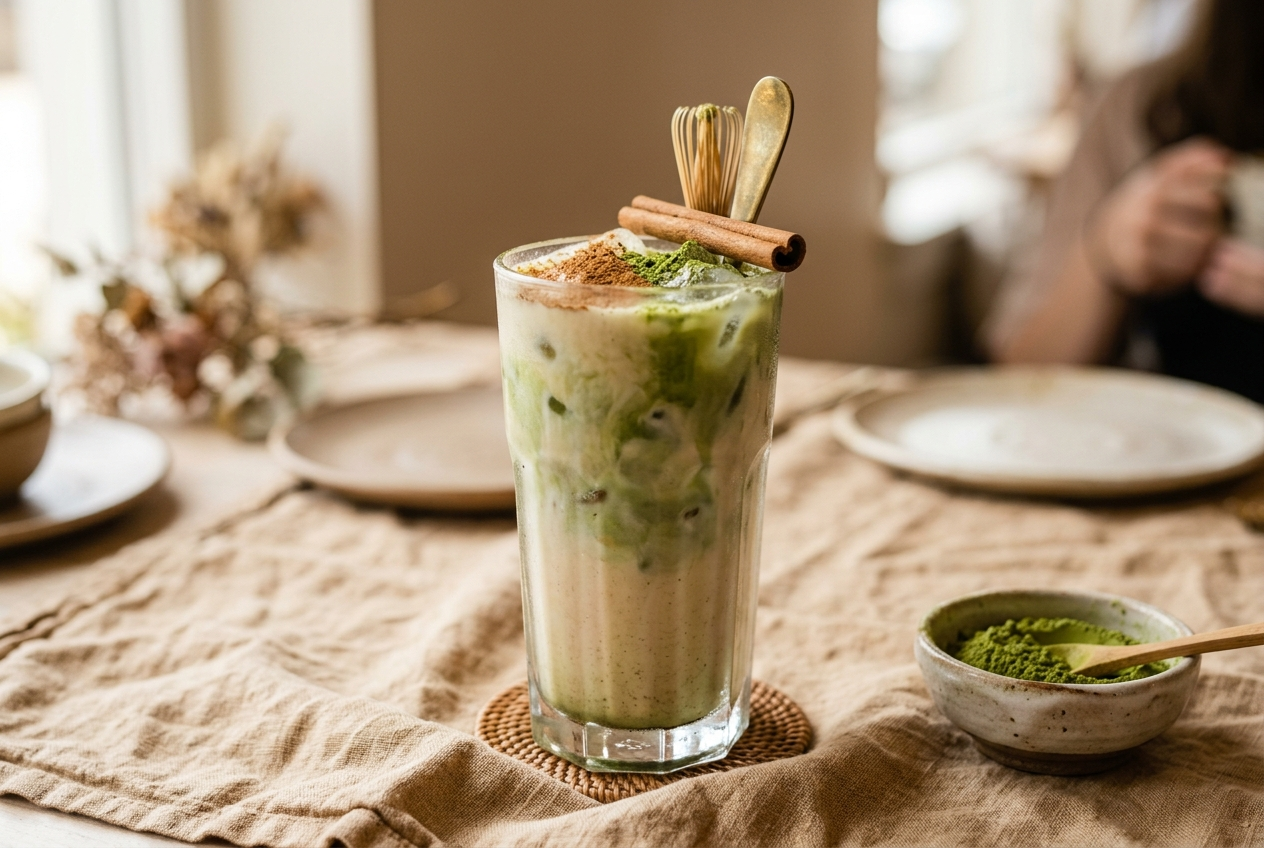 Matcha horchata crémeuse et verte servie sur glaçons avec cannelle dans un verre