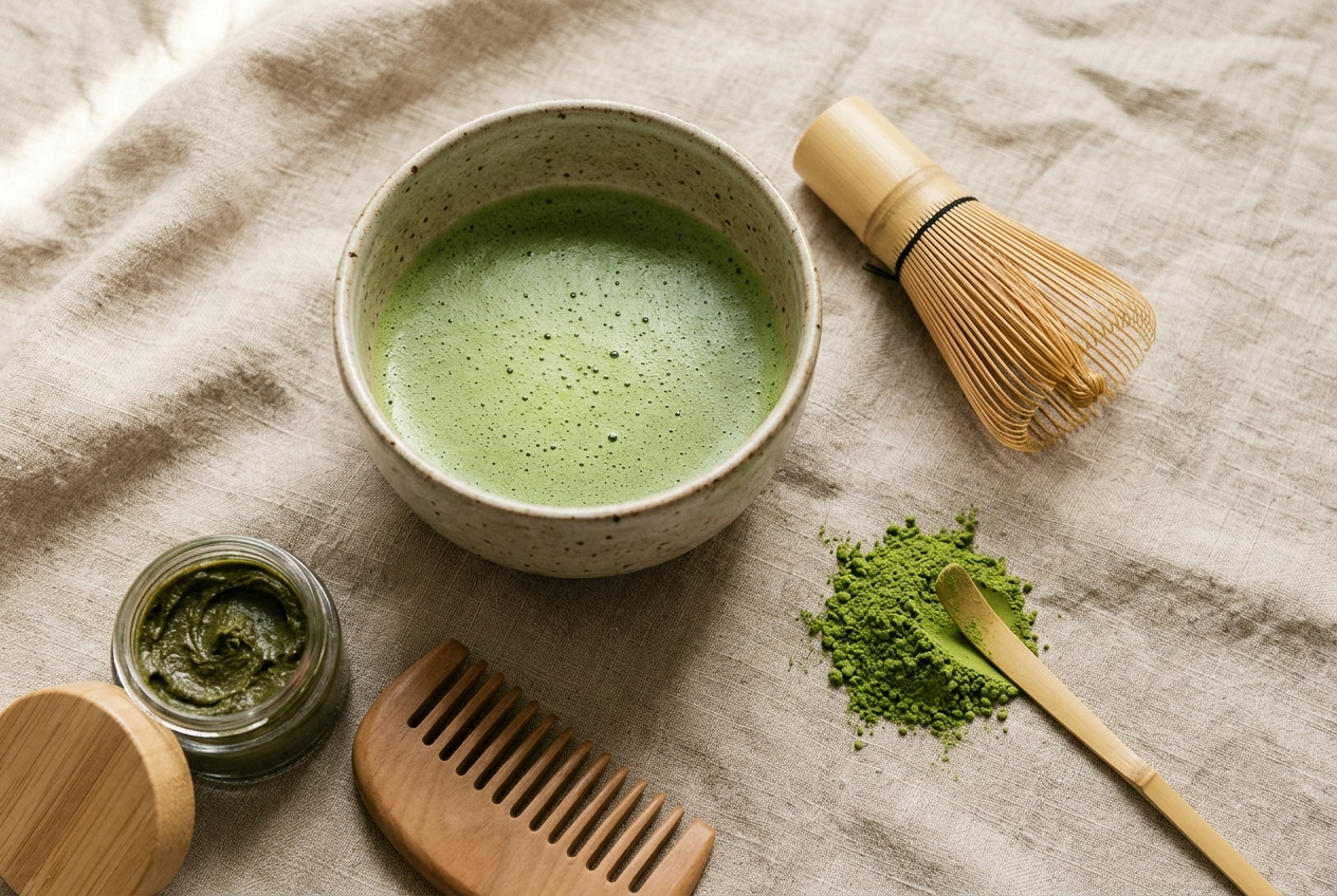 Bol de matcha, fouet en bambou et poudre verte, mise en scène soin capillaire naturel