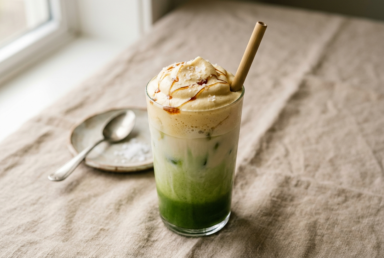 Salted maple cloud matcha, matcha glacé vert surmonté d'un nuage crémeux au sirop d'érable et sel