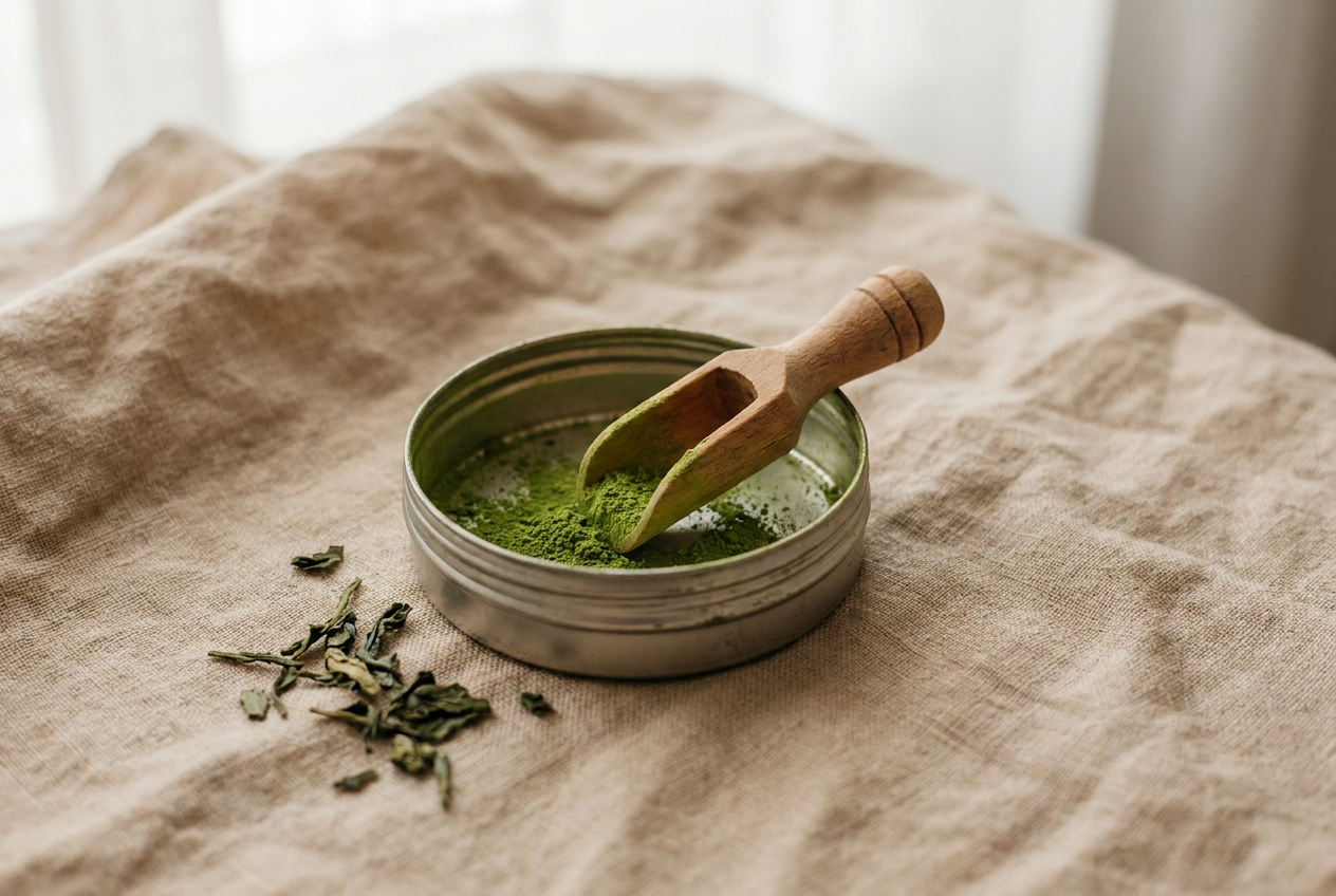 Boîte de matcha presque vide avec cuillère en bois, évocation de la pénurie de matcha en 2026