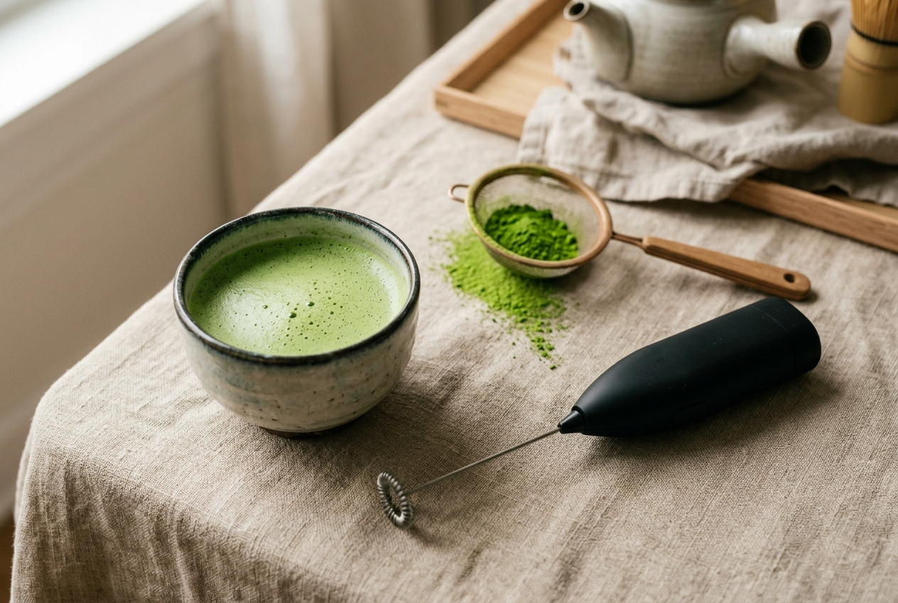 Mousseur électrique à matcha posé près d'une tasse de matcha mousseux et d'un tamis de poudre verte sur lin beige