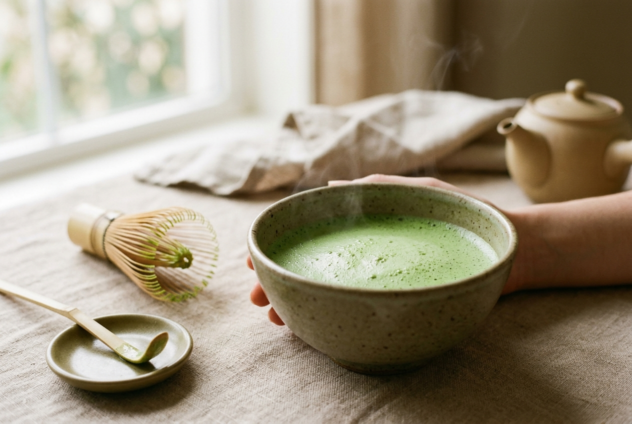 Bol de matcha fraîchement fouetté sur une nappe en lin beige, ambiance douce et apaisante pour la digestion