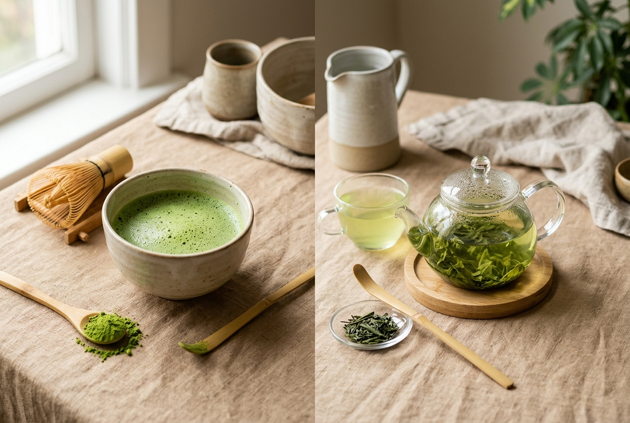 Bol de matcha fouetté à côté d'une théière de thé vert infusé, comparaison des deux méthodes