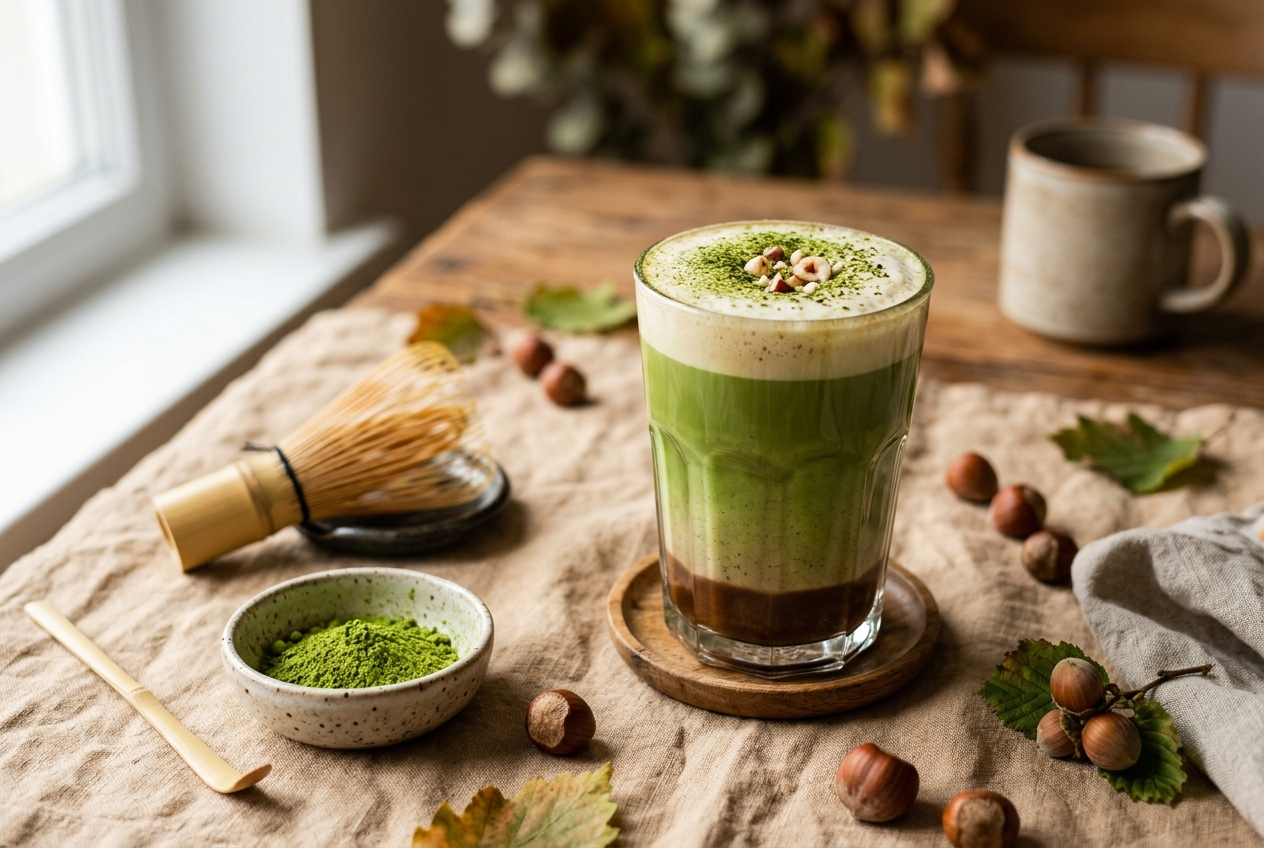 Matcha noisette : latte gourmand au matcha et lait de noisette, chaud et glacé