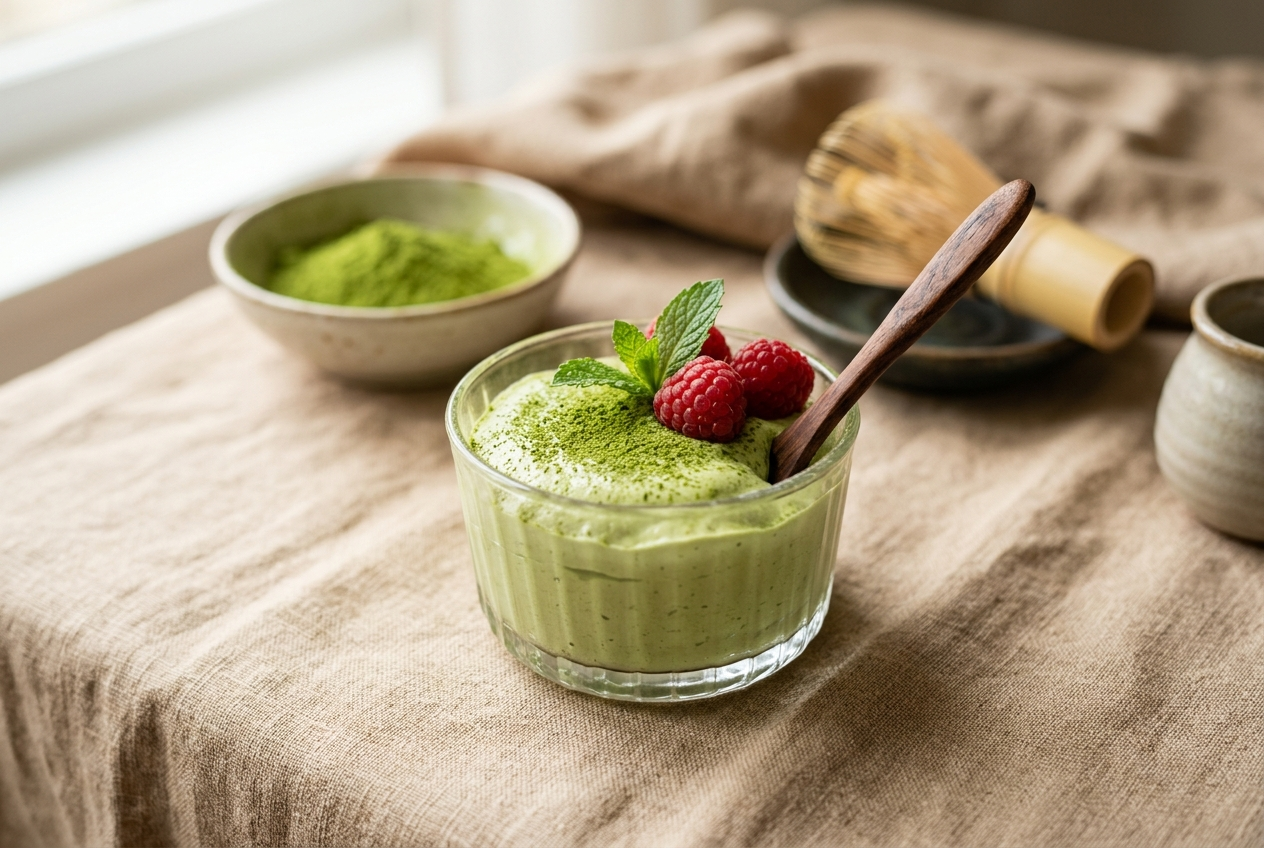 Mousse au matcha dressée en verrine, texture aérienne vert jade