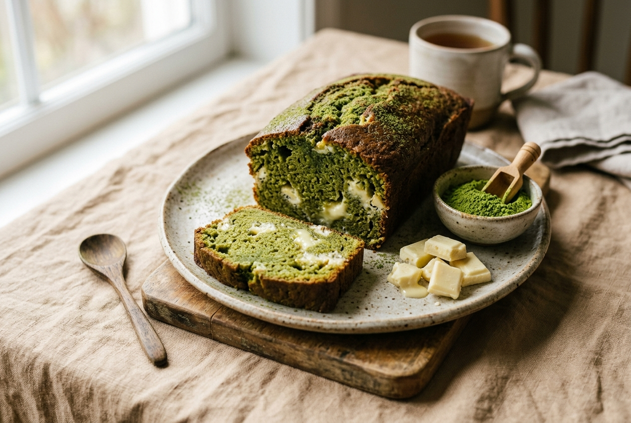 Cake matcha chocolat blanc moelleux, tranché, à la mie verte et morceaux de chocolat blanc