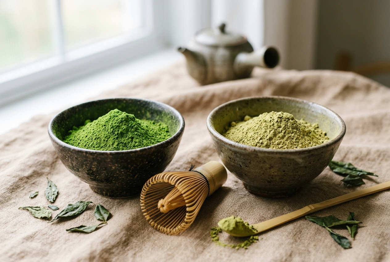 Deux bols de matcha comparés, un vert émeraude japonais et un vert jaunâtre, sur lin beige