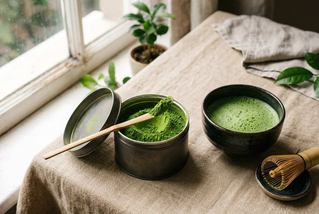 Boîte de matcha cérémonial ouverte sur une poudre vert émeraude, cuillère en bambou et bol