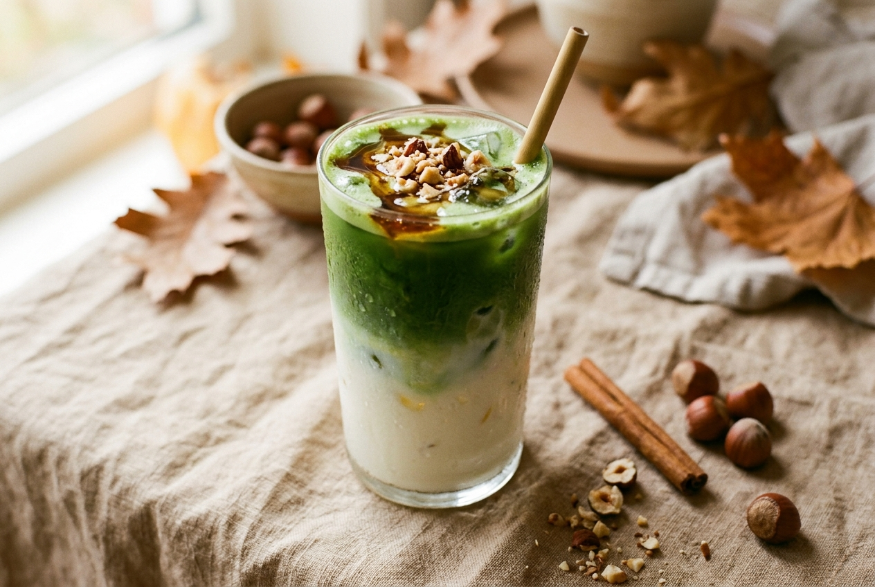 Iced matcha érable-noisette dans un grand verre, sirop d'érable et noisettes concassées
