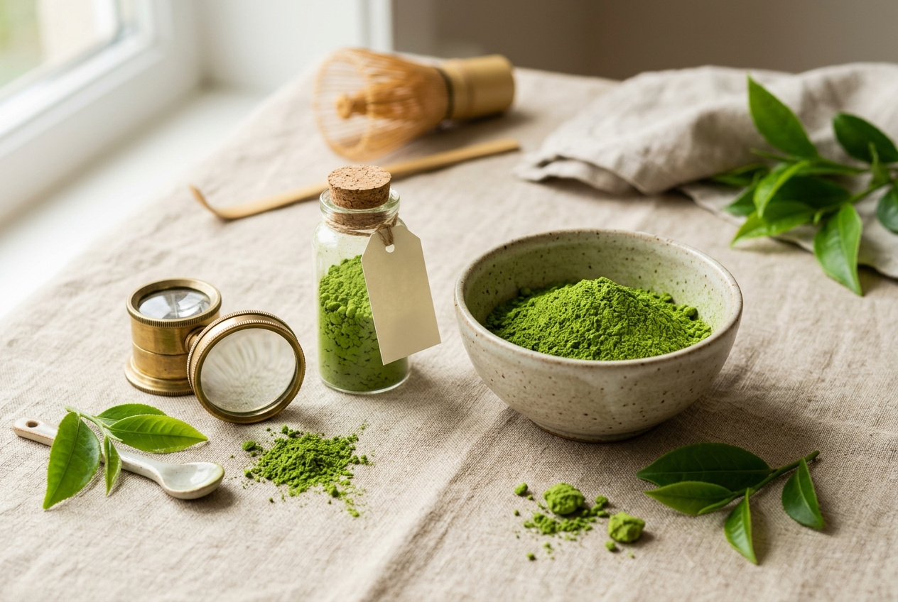 Bol de matcha bio vert émeraude avec feuilles de thé et petit flacon d'analyse sur lin beige