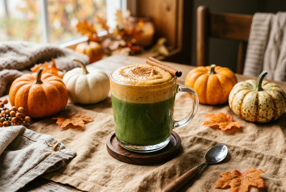 Pumpkin cream matcha dans un verre, matcha vert surmonté d'une mousse de potiron épicée
