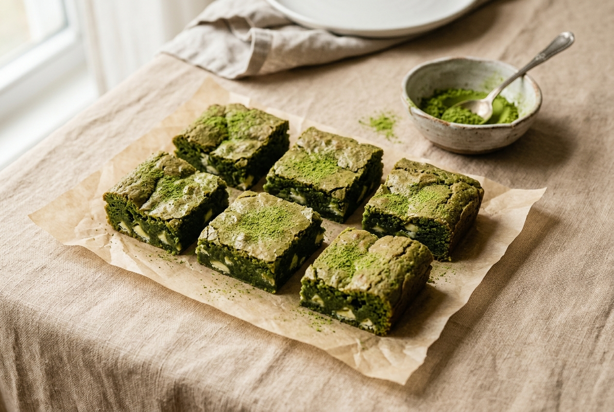 Brownie matcha chocolat blanc au cœur fondant, coupé en carrés sur du papier cuisson