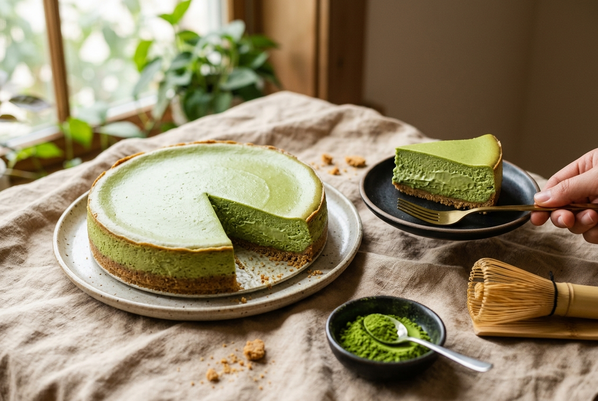 Cheesecake matcha crémeux au thé vert, une part coupée sur fond de lin beige