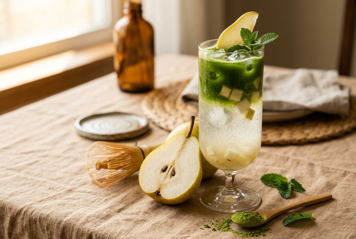Spritzer de matcha poire glacé pétillant dans un grand verre, poire fraîche et fouet en bambou