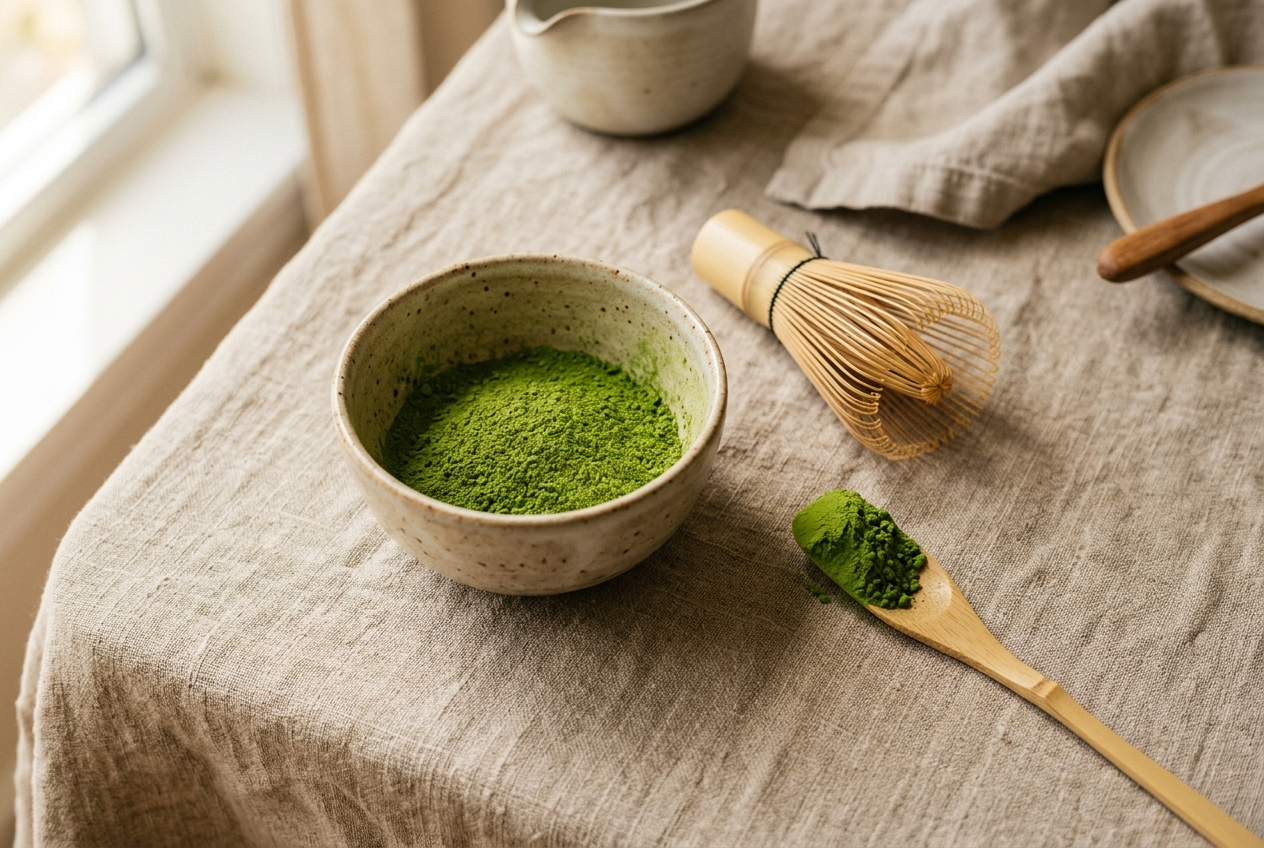 Bol de matcha vert vif avec fouet en bambou et cuillère sur lin beige, illustrant un bon matcha à prix juste