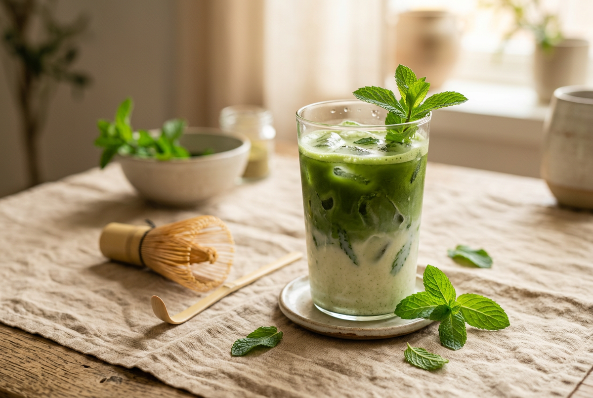 Matcha menthe glacé dans un verre avec feuilles de menthe fraîche et fouet en bambou