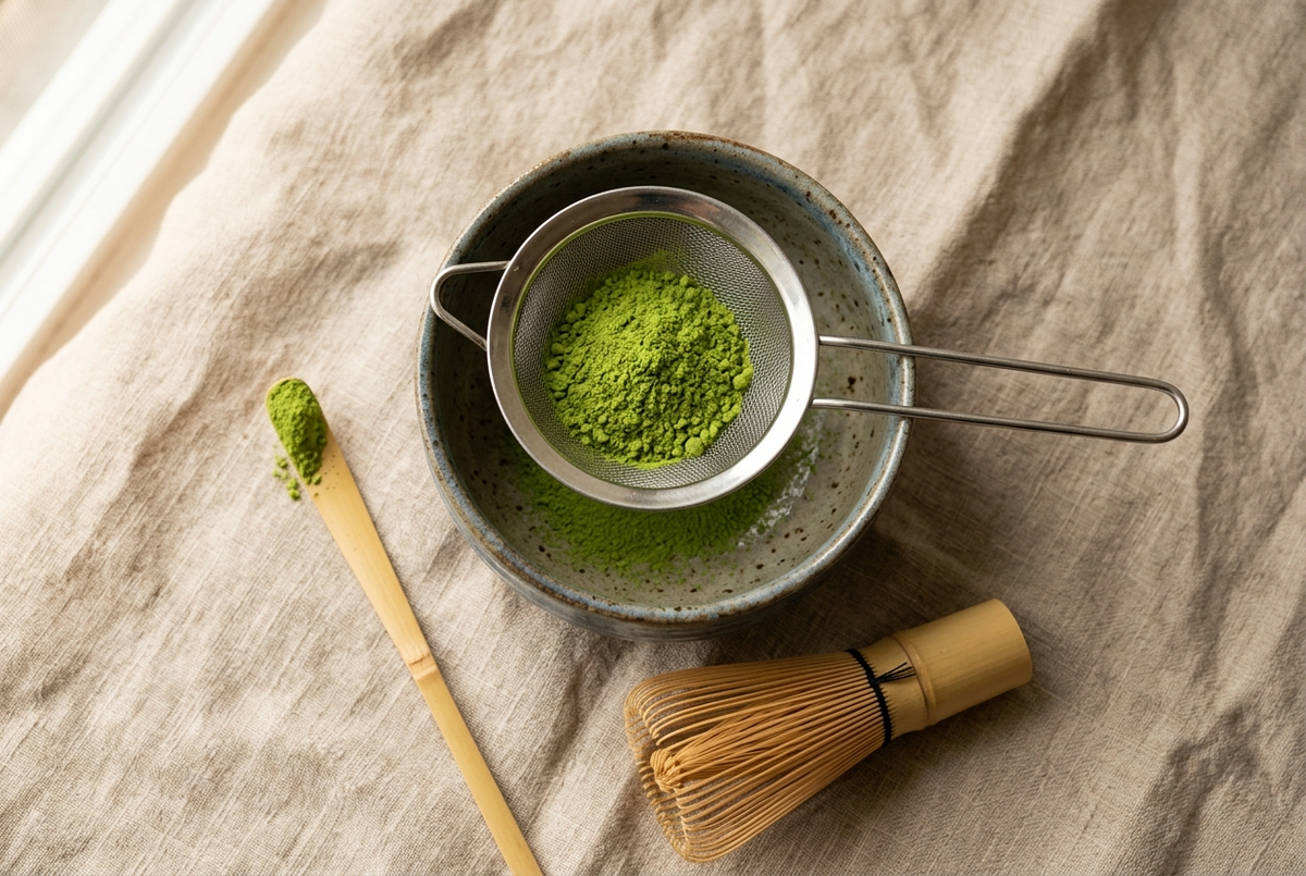 Tamis à matcha en inox au-dessus d'un bol, poudre de matcha verte tamisée