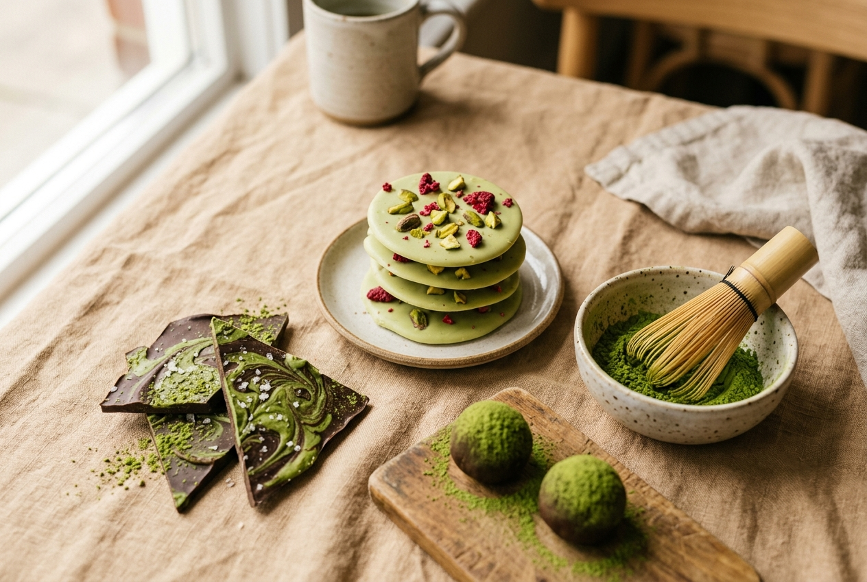 Mendiants, truffes et écorce de chocolat au matcha présentés en flat lay avec un bol de matcha et un fouet en bambou