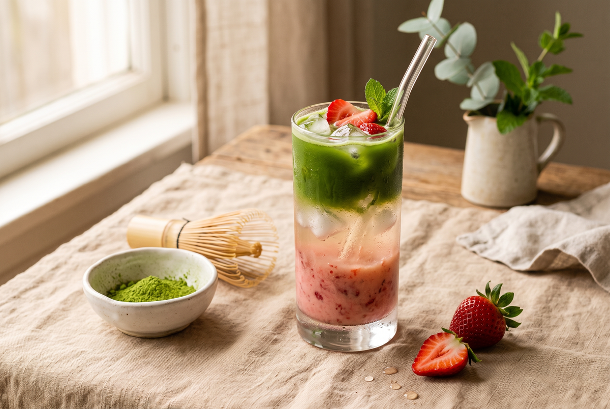 Verre de strawberry iced tea matcha glacé avec dégradé fraise et matcha, fraises fraîches et bol de matcha en arrière-plan