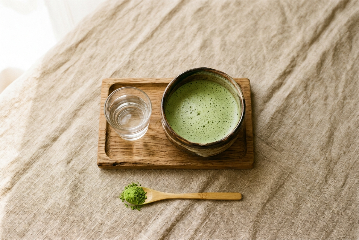 Bol de matcha préparé à l'eau, chawan japonais, rituel du matin pendant un jeûne intermittent