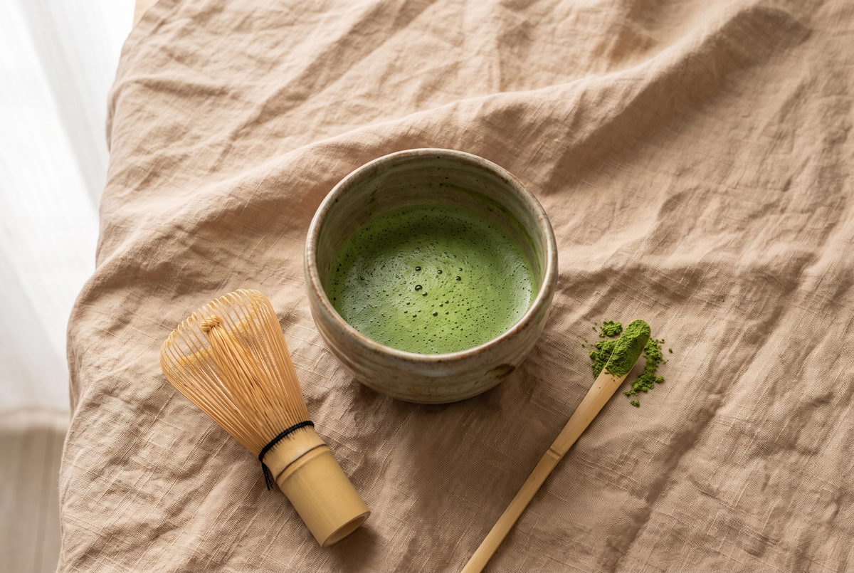 Bol de matcha fraîchement fouetté avec fouet en bambou, illustrant la théine et la caféine du matcha