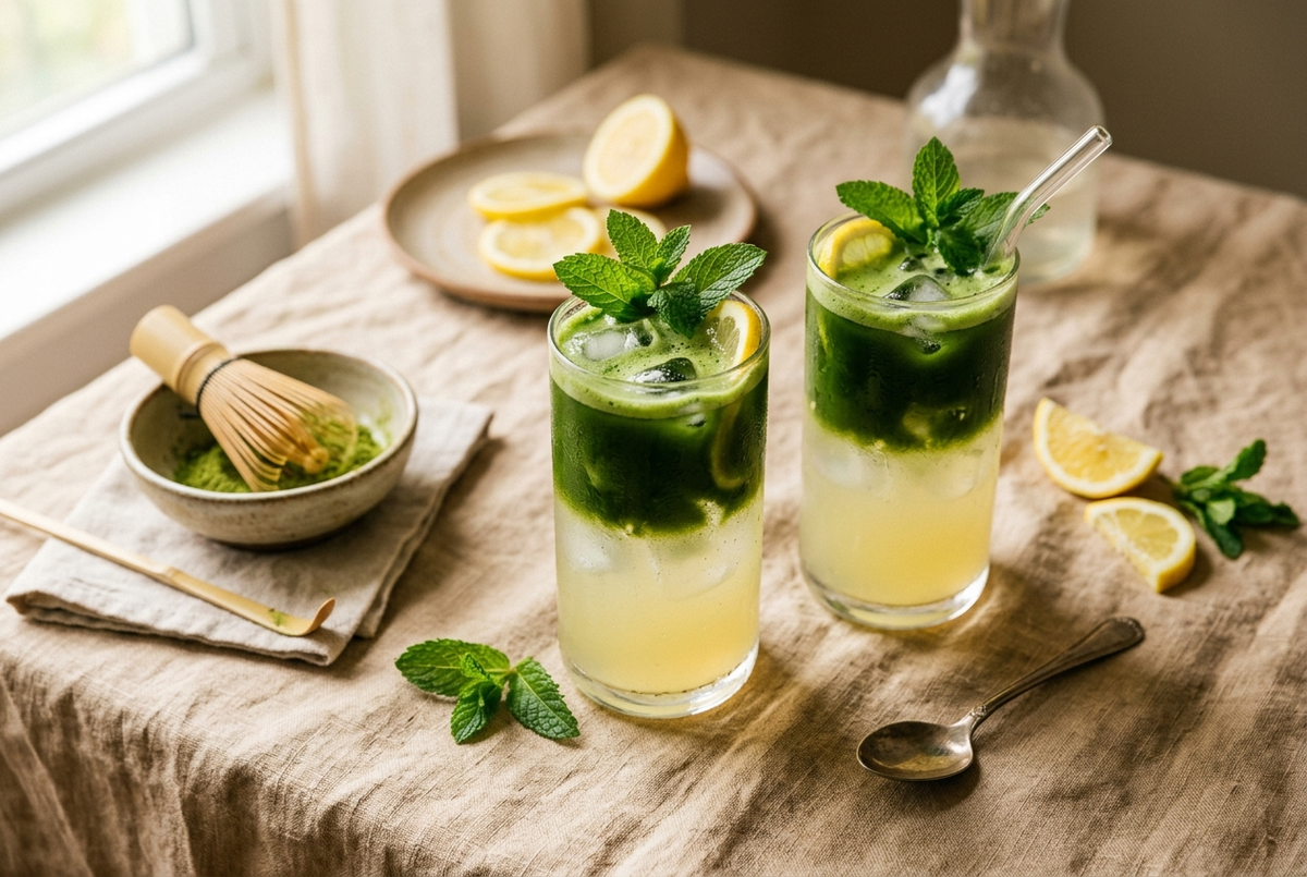 Matcha mint lemonade glacé, citron et menthe fraîche, boisson d'été rafraîchissante