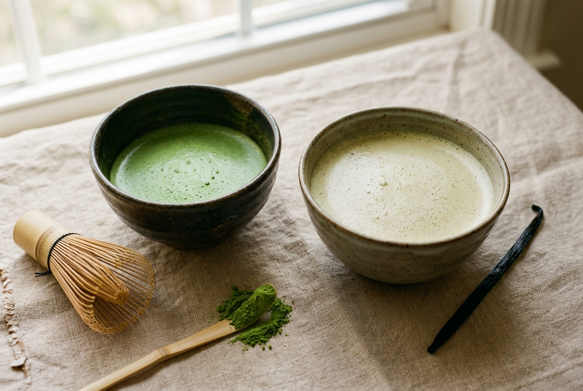Deux bols de matcha, un vert pur et un latte vanillé plus crémeux, avec fouet et poudre