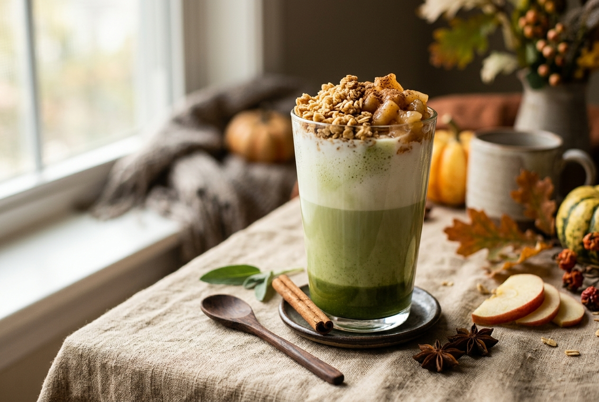 Verre de matcha latte surmonté d'un crumble doré et de pommes à la cannelle, ambiance automnale