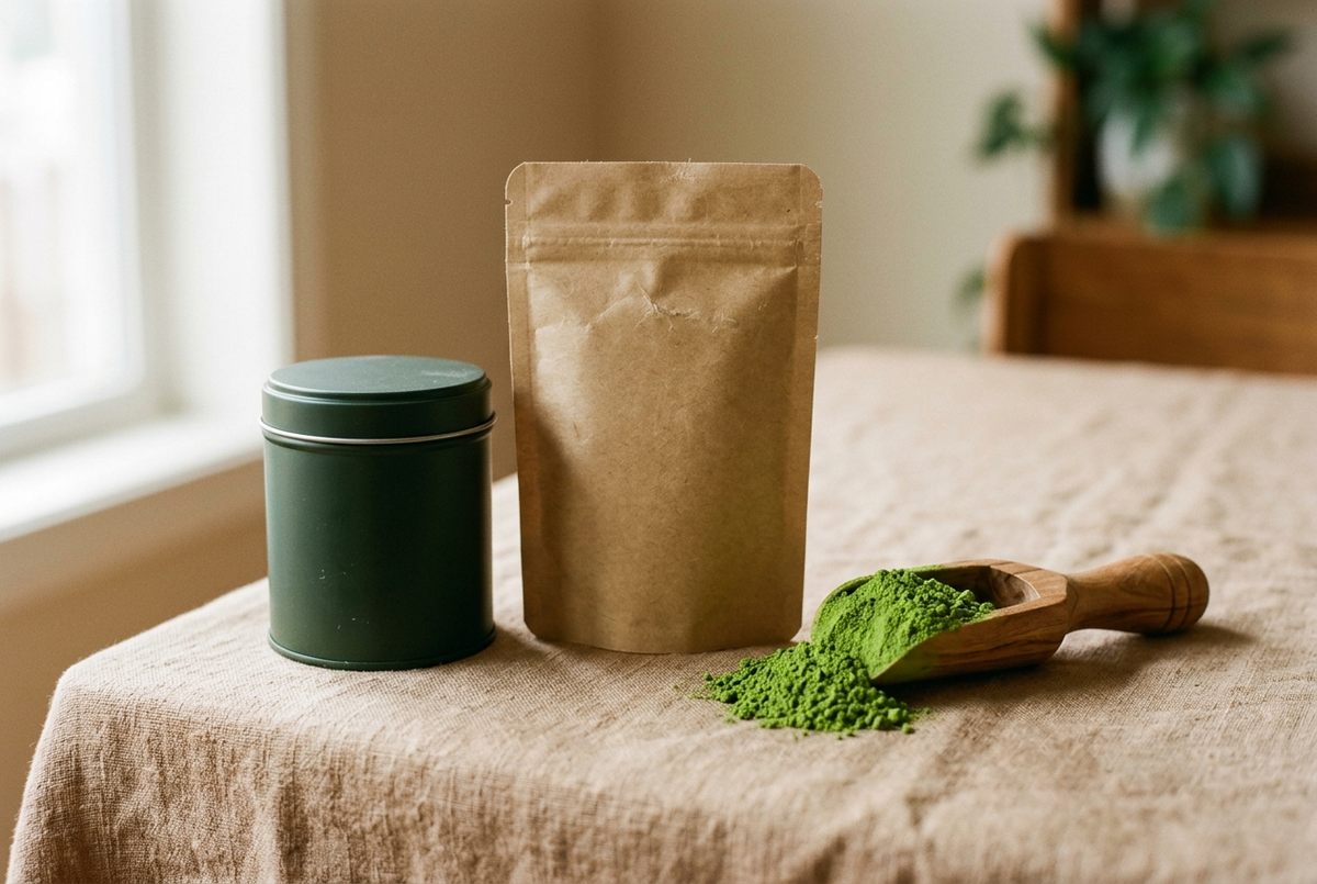 Boîte et sachet de matcha avec poudre vert vif dans une cuillère, mise au point sur la qualité