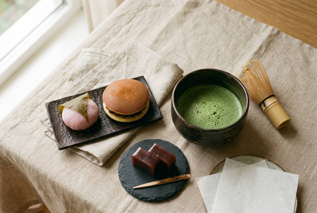 Wagashi japonais (mochi, dorayaki, yokan) présentés avec un bol de matcha cérémonial fouetté