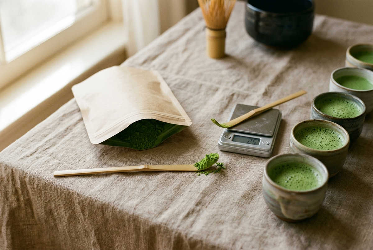Sachet de matcha, chashaku et petites tasses de matcha sur lin beige