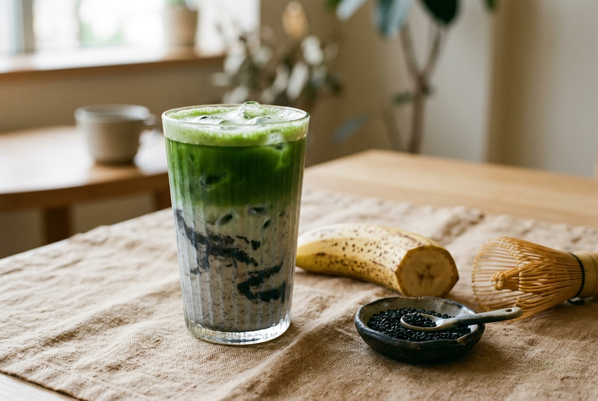 Iced matcha latte banane et sésame noir dans un grand verre
