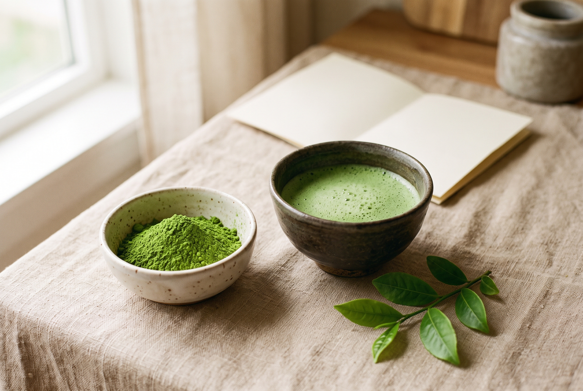 Bol de matcha vert, chawan de matcha fouetté et feuilles de thé, évoquant pureté et analyses