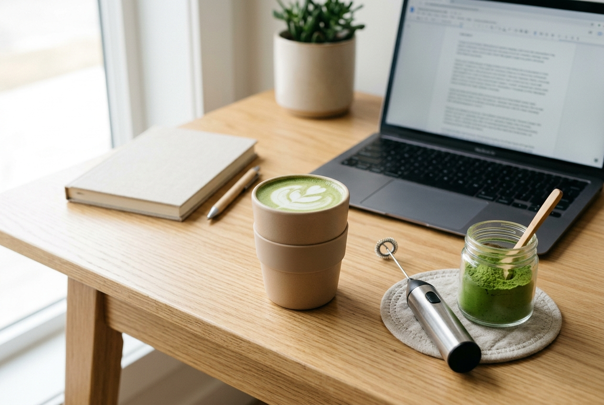 Matcha latte dans une tasse sur un bureau, avec mousseur à piles et pot de poudre de matcha vert vif