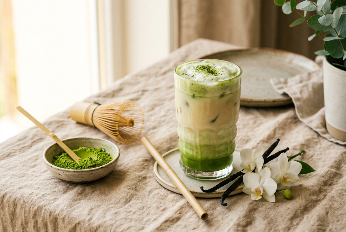 Matcha latte vanille glacé avec fouet en bambou et gousse de vanille