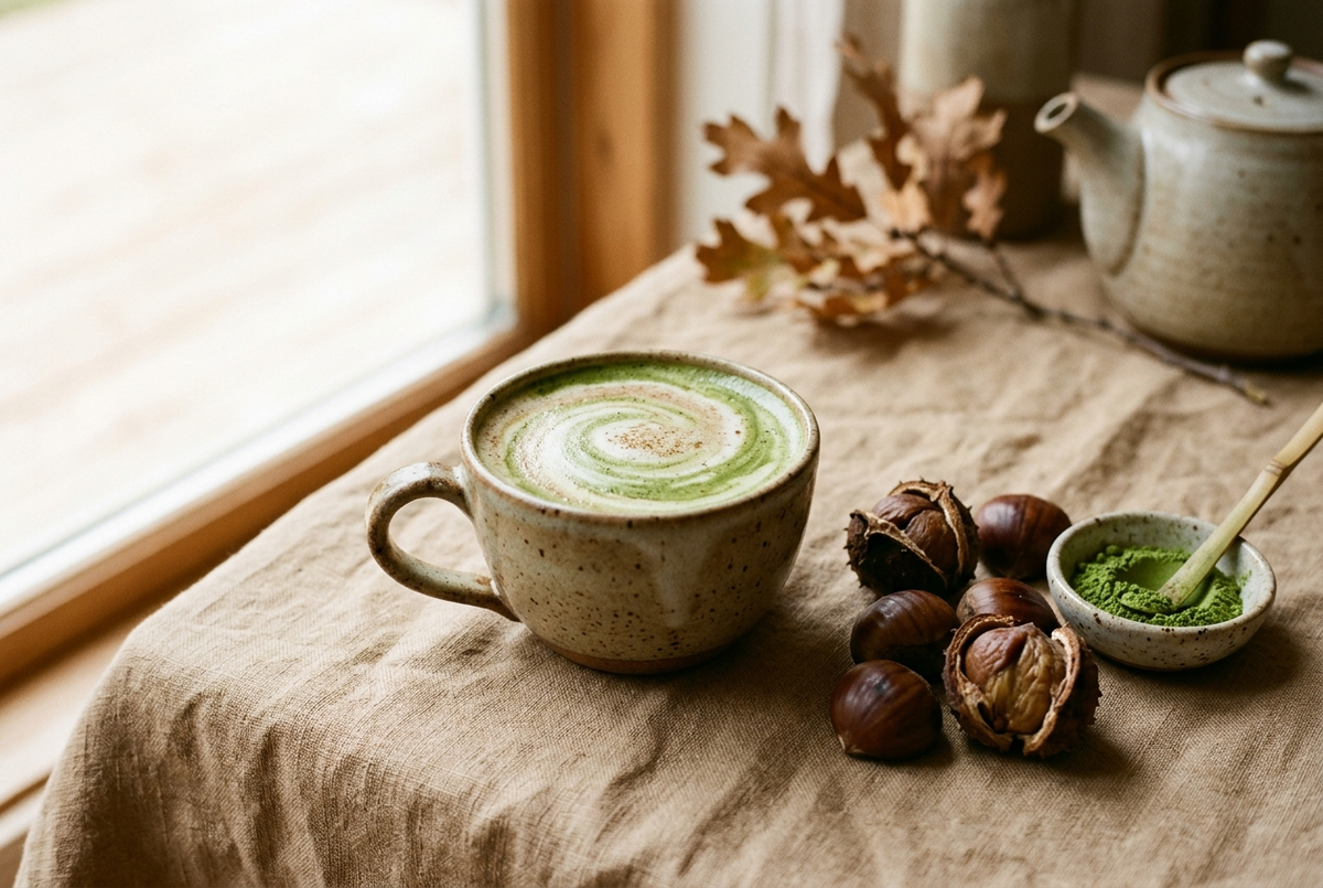 Matcha latte à la châtaigne avec châtaignes grillées