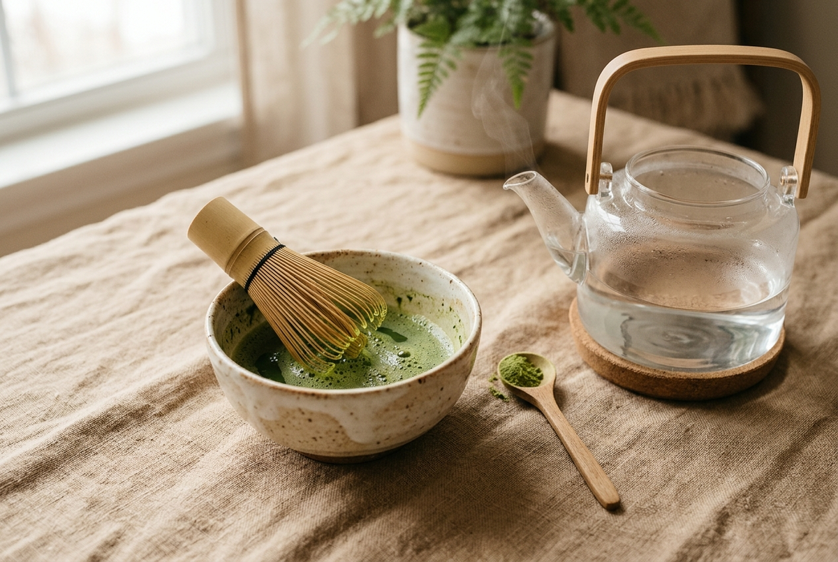Fouet en bambou et bol à matcha sur lin beige