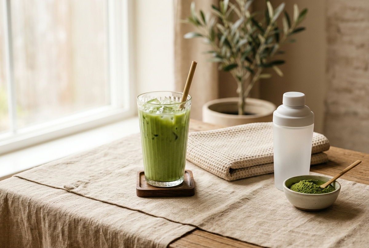 Verre de matcha glacé et serviette de sport sur lin beige