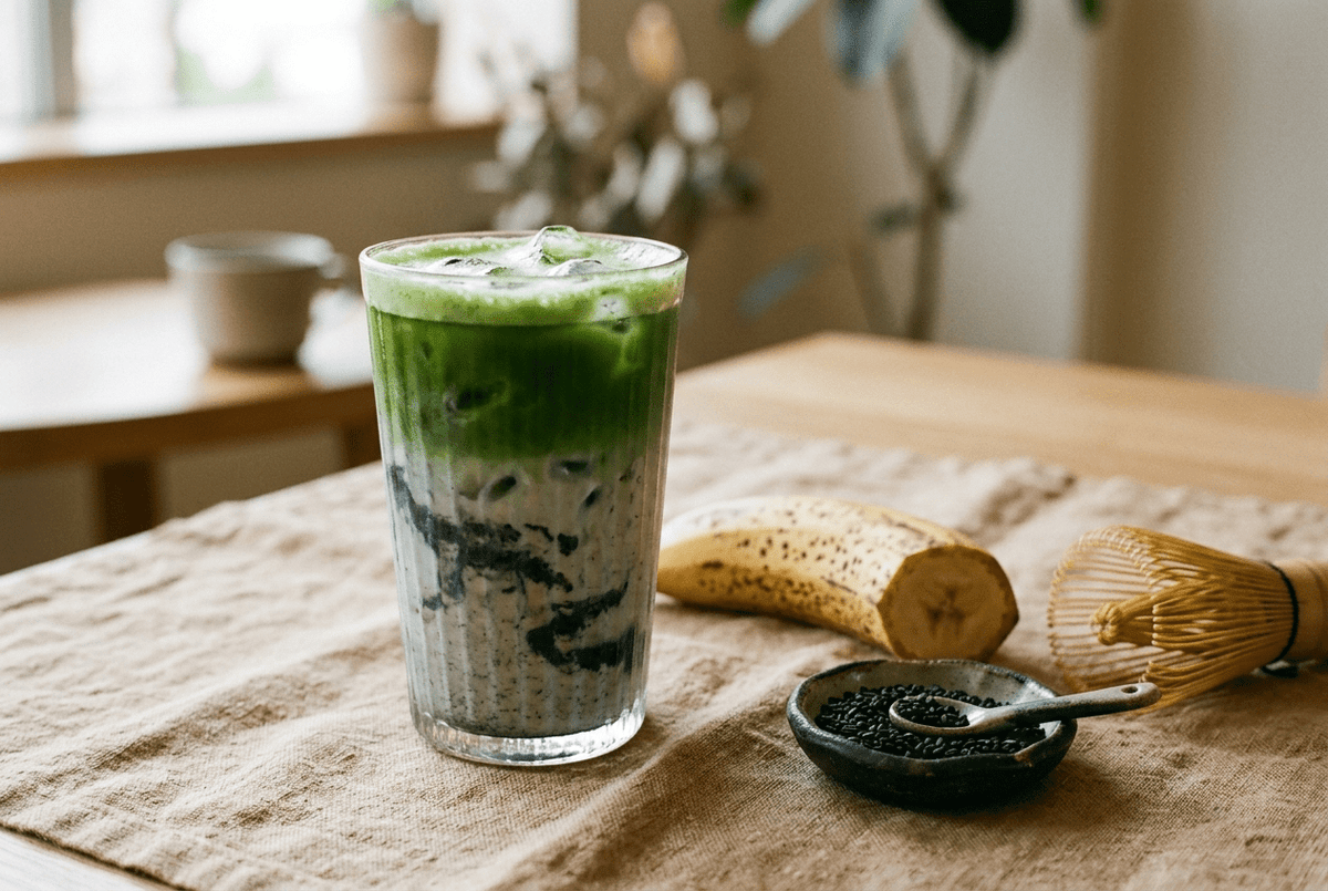 Matcha banane et sésame noir : la recette gourmande sans sirop - Tsuki Matcha