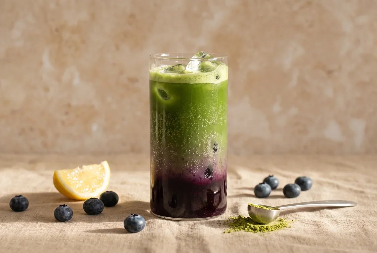 Matcha fizz : la recette du blueberry lemon matcha pétillant sans sirop - Tsuki Matcha